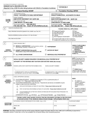 Fillable Online Daf Csulb VENDOR DATA RECORD STD 204 Rev 8 CSULB