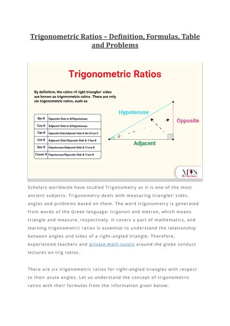 Trigonometric Ratios Definition Formulas Table And Problems Pdf