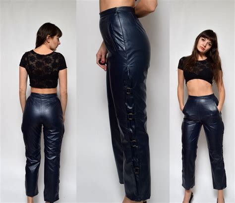 Vintage 90s High Waisted Navy Blue Faux Leather Pants Etsy