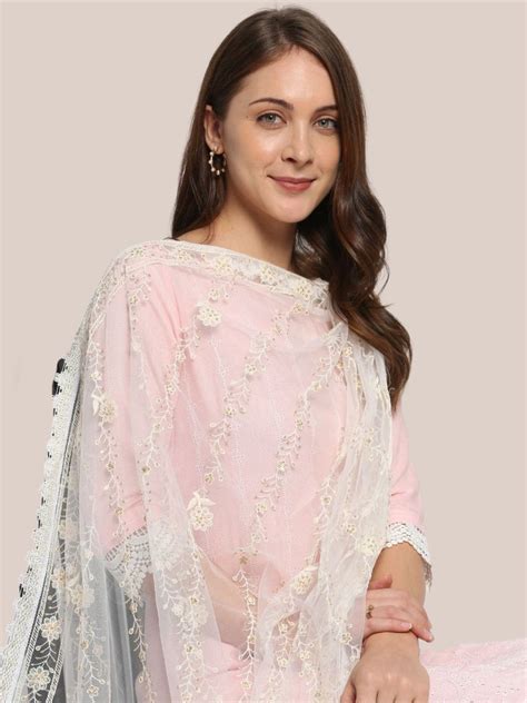 Floral Embroidered Off White And Gold Net Dupatta Dupatta Bazaar