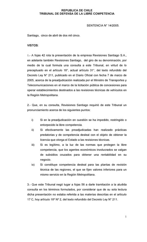 Sent 0014 2005 Inf Tdlc Tribunal De Defensa De La Libre Competencia