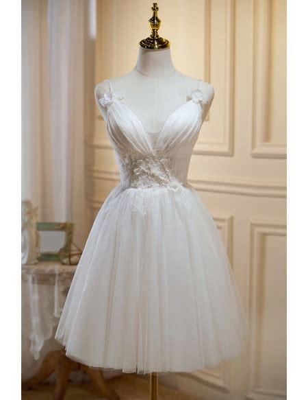 Short Tulle Ivory Homecoming Dress Vneck With Appliques Gr79075