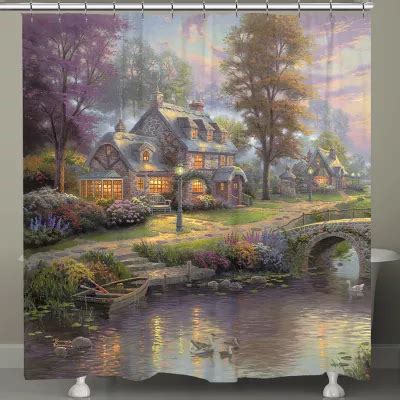 Thomas Kinkade Sunset On Lamplight Lane Shower Curtain Color Green