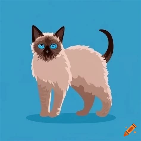 Fluffy Blue Point Siamese Kitten In Colorful Flat Vector Illustration