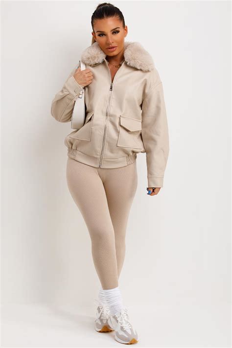 Womens Faux Leather Jacket With Faux Fur Collar Beige Uk