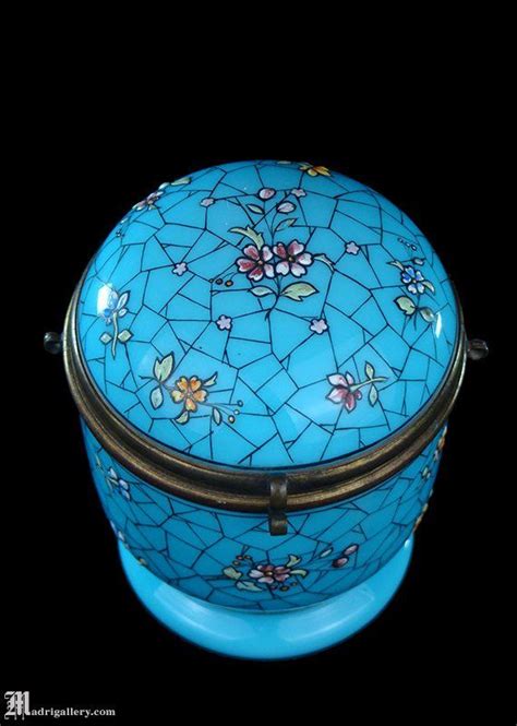 Antique French Opaline Jar Enameled Blue Dresser Vanity Glass Jewelry Trinket Box With Darkened