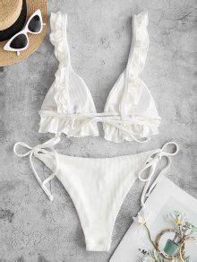 66 OFF 2021 ZAFUL Ribbed Ruffle Tie Side Bikini Swimwear In WHITE ZAFUL