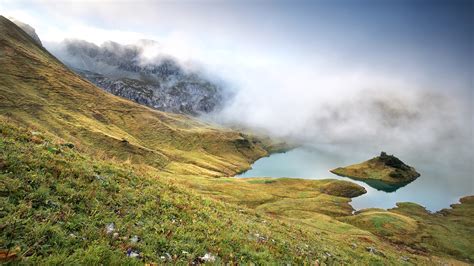 zdjęcie Alpy Niemcy lake Schrecksee Mgła przyroda Jezioro 1920x1080