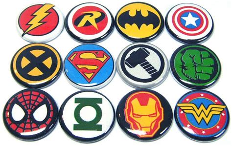 12 Super Hero Logo Buttons Pinbacks 1 Pins Bages Retro Cartoons Comics