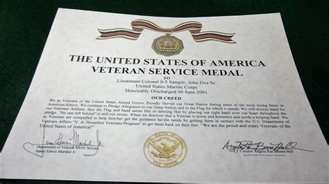 The Veteran Service Medal Certificate Army Navy Air Force Marines Coast