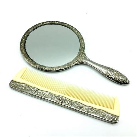 Vintage Hand Mirror And Comb Set Silver Plated Repoussé Etsy Hand