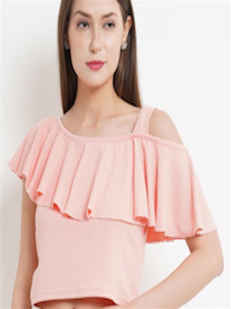 Buy Westclo Peach Coloured One Shoulder Ruffles Crop Top Tops For