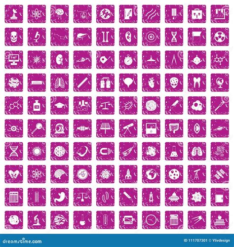 100 Science Icons Set Grunge Pink Stock Vector Illustration Of Comet