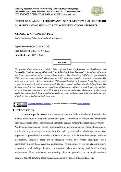 EFFECT OF ACADEMIC PERFORMANCE ON SELF ESTEEM AND LEADERSHIP QUALITIES