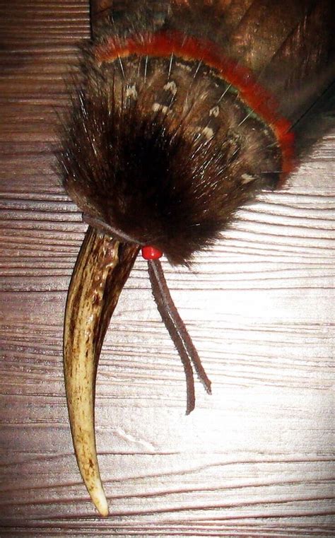 Native American Smudge Fan Bronze Turkey Feathers Antler Ceremonial