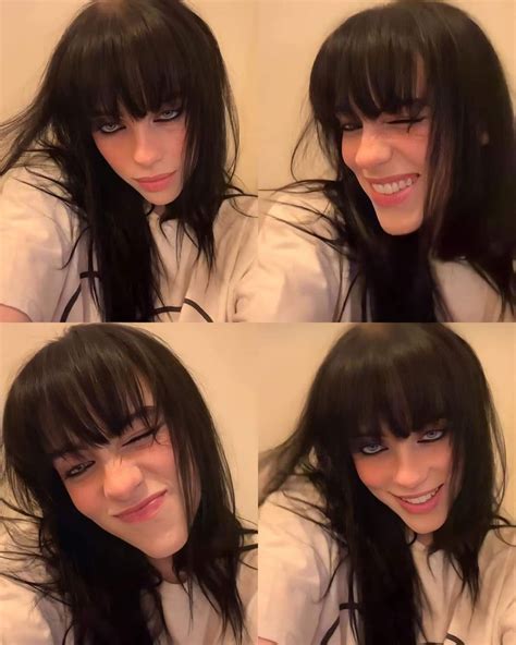 Four Pictures Of A Woman With Long Black Hair And Bangs Smiling At The