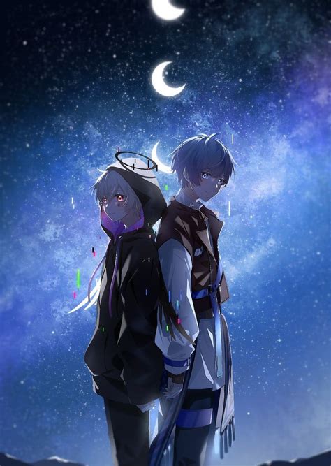 Two Anime Characters Standing In Front Of The Stars And Moon With Their