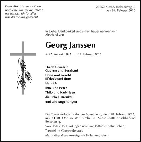 Traueranzeigen Von Georg Janssen OK Trauer De