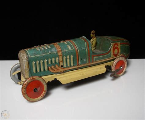 Vintage German Tin Plate Wind Up Race Car Toy With Driver