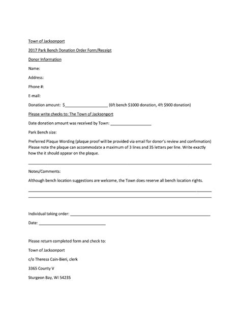 Fillable Online Town Of Jacksonport Park Bench Donation Order Form