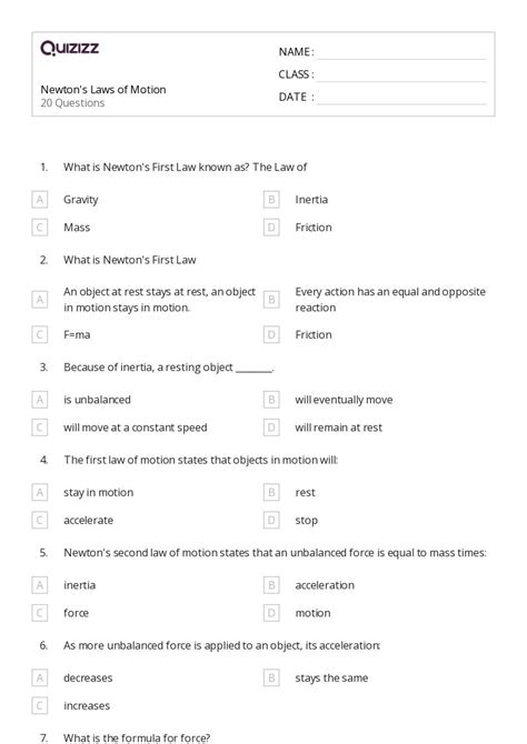 50 Newtons First Law Mass And Inertia Worksheets For 9th Class On