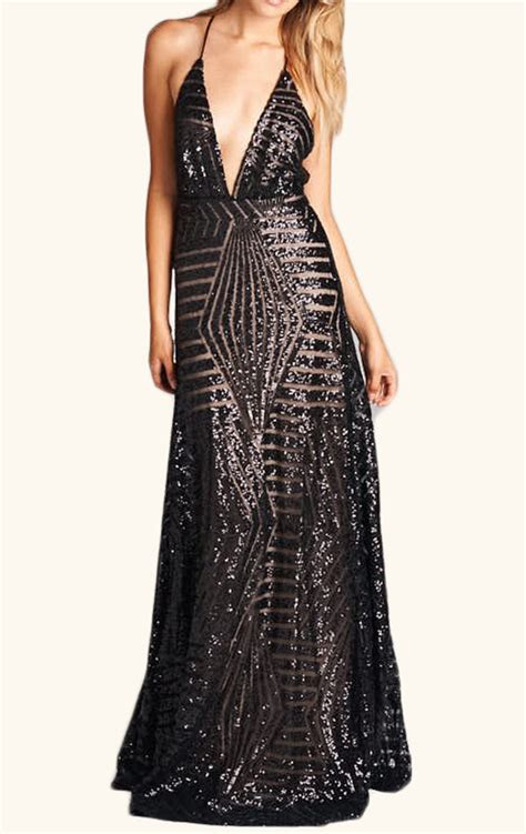 Macloth Deep V Neck Sequin Formal Evening Gown Black Long Prom Dress