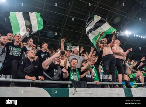 Budapest, Hungary – May 6, 2023. Ferencvaros fans celebrating 34th championship title after ...