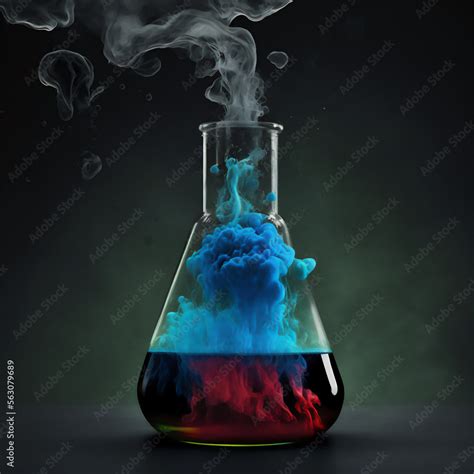 chemistry reaction in an erlenmeyer flask with red liquid and blue ...