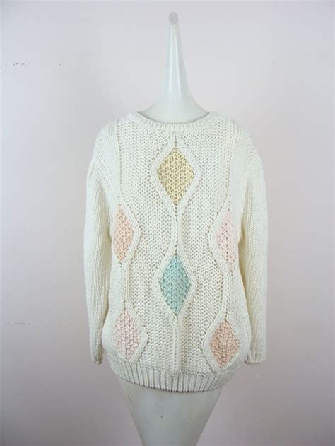 Vintage Chunky Knit Sweater 80s Puff Sleeve Pastel Hand Knit Etsy