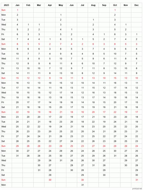 12 Month Printable Calendar 2023 One Page