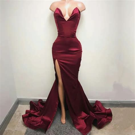 Deep V Neck Leg Slit Long Satin Burgundy Prom Mermaid Dresses 2017 Sexy