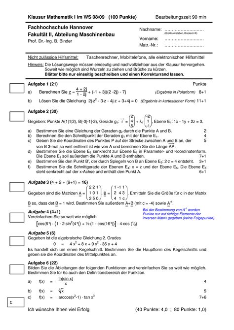 Klausur WS 08 09 M L Klausur Mathematik I Im WS 08 09 100 Punkte