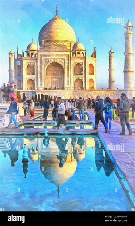 Colorful Painting Of Taj Mahal At Sunrise Agra Uttar Pradesh India