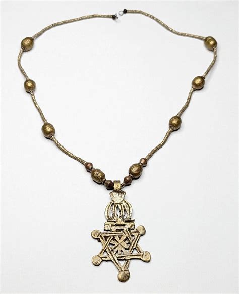 Vintage Ethiopian Coptic Star Brass Pendant Beaded Ne Gem