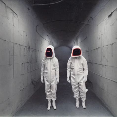 Two Scientists Wearing Red Cyberpunk Hazmat Suits Stable Diffusion