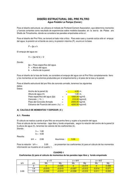 Hoja excel de diseño estructural del pre filtro de agua potable
