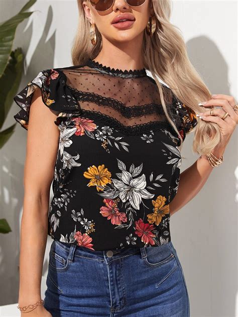 Shein Flutter Sleeve Dobby Mesh Yoke Floral Print Top Shein Uk