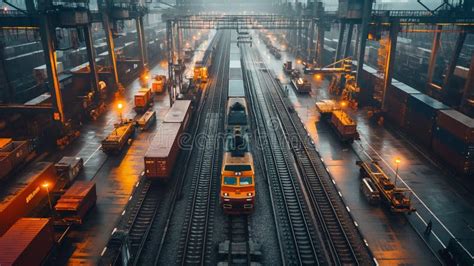 Rail Yard With Trains Carrying Freight Containers And Workers Loading