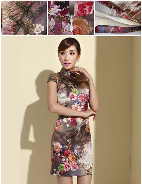 Enthralling Floral Print Silk Cheongsam Qipao Dress Qipao Cheongsam