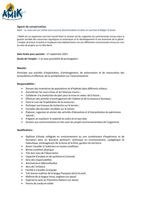 Appel De Candidatures Agent De Conservation Amik