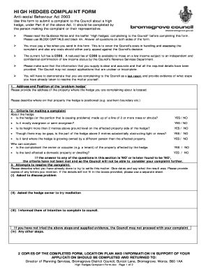 Fillable Online High Hedge Complaint Form Bromsgrove District Council