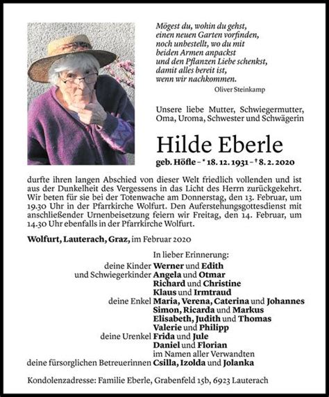 Todesanzeigen Von Hilde Eberle Todesanzeigen Vorarlberger Nachrichten