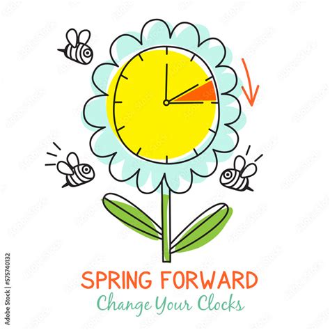 Spring Daylight Saving Time banner in cute doodle cartoon style. Spring ...