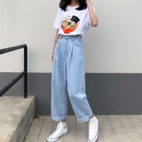 Jeans Elastic Waist Ankle Length Straight Korean Style Loose New Pants