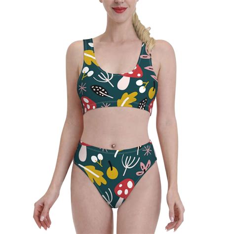 Lukts Women High Waisted Bikini Set Cartoon Leaf Mushroom Red Swimsuit