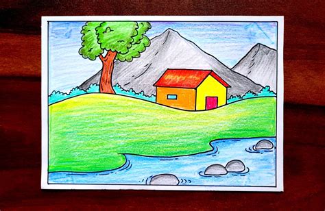 Scenery Drawing | Simple Landscape Scenery | Easy Scenery Drawing for kids | Mountain Scenery ...