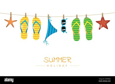 Summer Holiday Striped Flip Flops Bikini And Sunglasses Hang On A Rope Vector Illustration EPS10