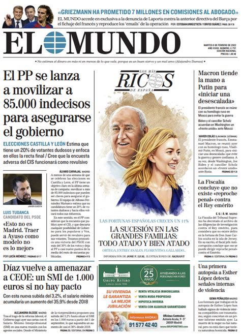 Portada De El Mundo Del Martes De Febrero De Medios