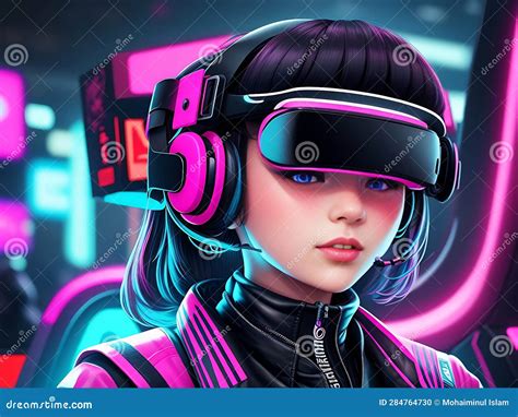 Girl Wearing Vr Headset Illustrations In 4k Cyberpunk Background