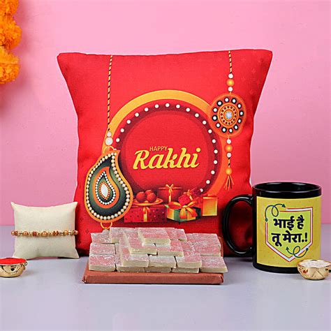 Golden Red Thread Rakhi With Kaju Katli And Cushion Usa Gift Golden